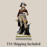 Superb modeling, hand painted strong colors and rich details with gilding are displayed on this French porcelain figurine of Napoleon Bonaparte. His finely modeled face is topped with a bicorne (two-cornered) hat worn "en bataille" (with the corns paralle