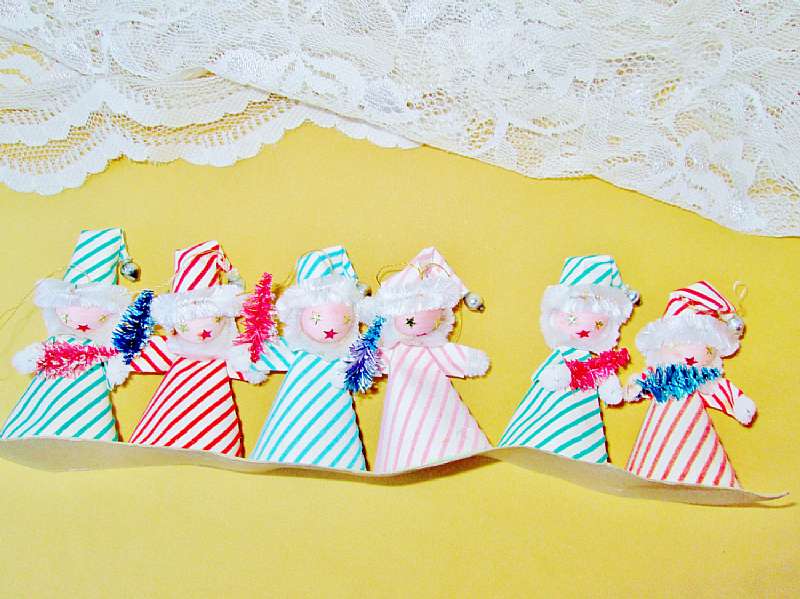 Christmas Elf Santa Ornaments Set Vintage 6 Multi Color Striped Elves Santas Trees Decoration NIB Paper Chenille Holiday Home Decor Unused Caft Supply