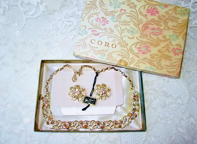 Coro Pegasus Necklace Earring Set Vintage NIB Aurora Borealis Designer Fall Color Costume Jewelry Set High Fashion