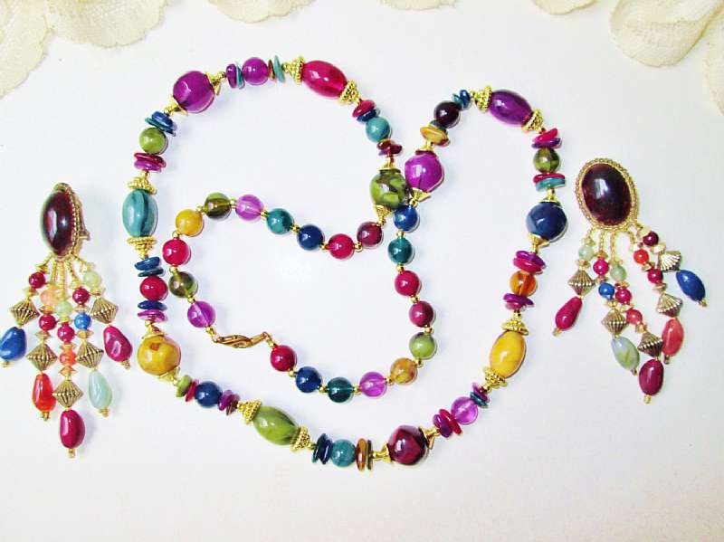 Multi Color Beads Necklace Earrings Set Vintage Boho Handmade Multi Shapes & Bright Colors Acrylic Long Beads Festive Costume Jewelry Set