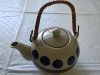 Vintage MCM Stoneware Teapot – Blue Polka Dots, Bamboo Handle, Japan Tea Kettle