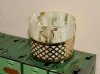 vintage storage organization marbled beige off white bakelite plastic gold filigree cotton ball cotton swab holder bathroom container