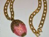 Antique Czech Victorian Pink Satin Art Glass Pendant Necklace Brass Bookchain Book Chain
