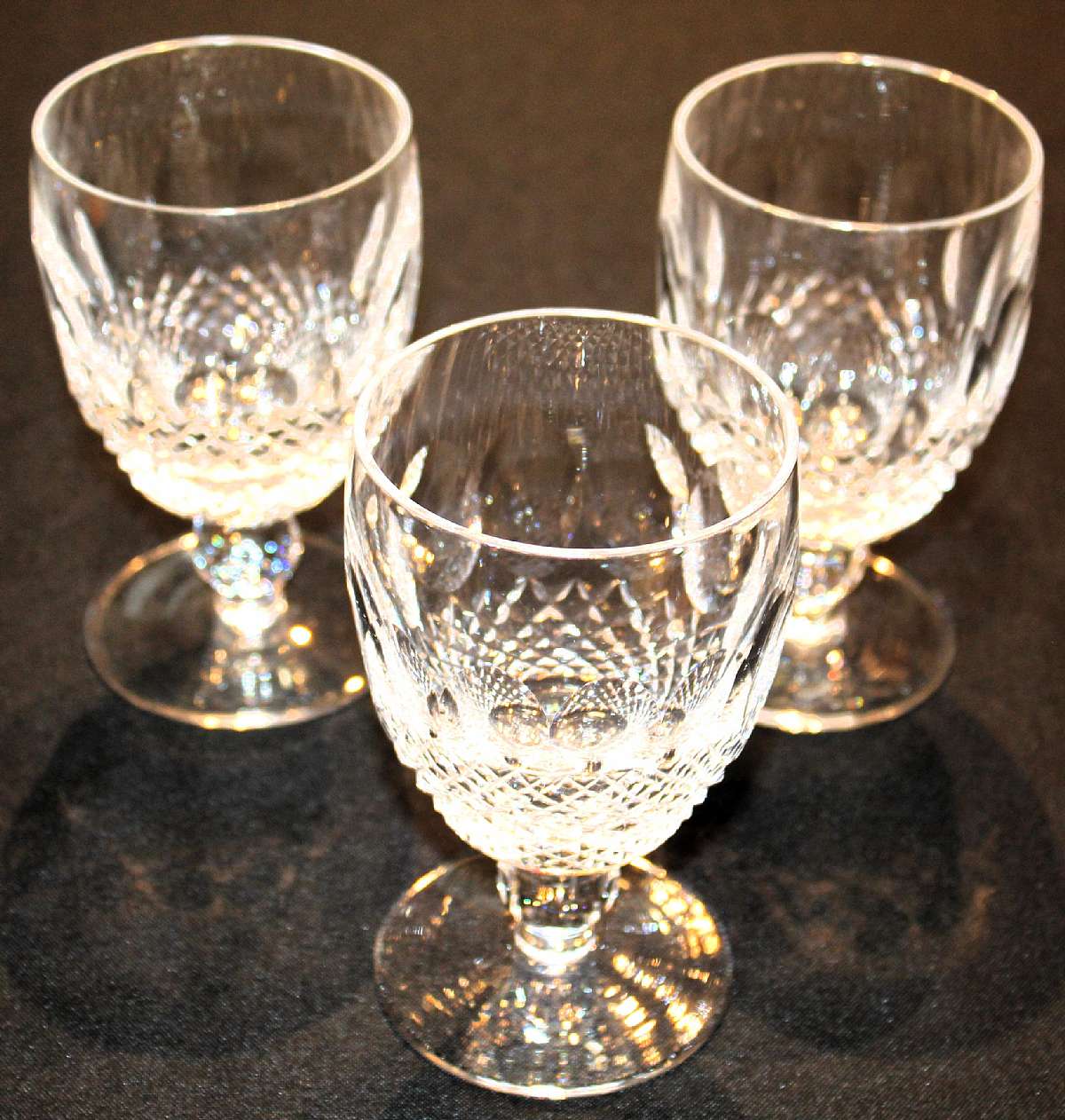 Up for sale are these Waterford Colleen Set Of Three Water Goblets in excellent condition with no chips or cracks. They measure approx. 5 1/4"T by 3 1/8"W. Shipping Excludes: Alaska/Hawaii, US Protectorates, APO/FPO, PO BoxShipping Provided to