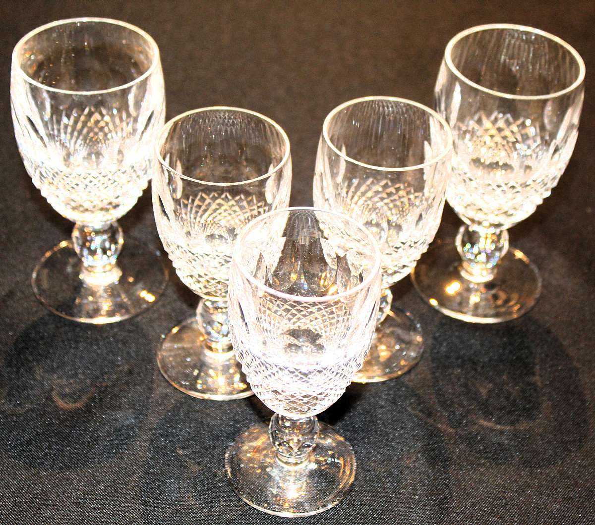 Up for sale are these Waterford Colleen Three Sherry Glasses & Two White Wine Glasses in excellent condition with no chips or cracks. The Sherry Glasses measure approx. 4 1/4"T by 2"W and the White Wine Glasses 4 1/2"T by 2 1/8"W.