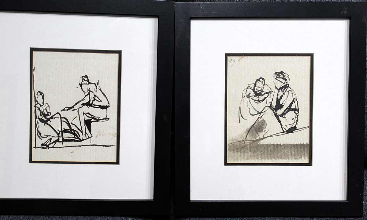 Up for sale are these George Rommey Two Seated Figures Set Of Two Framed Pictures. The frames measure approx. 17 by 15 inches. Pre-Owned - Cosmetically Item appears to be in pre-owned condition and previously used.  No knowledge of previous history. Plea