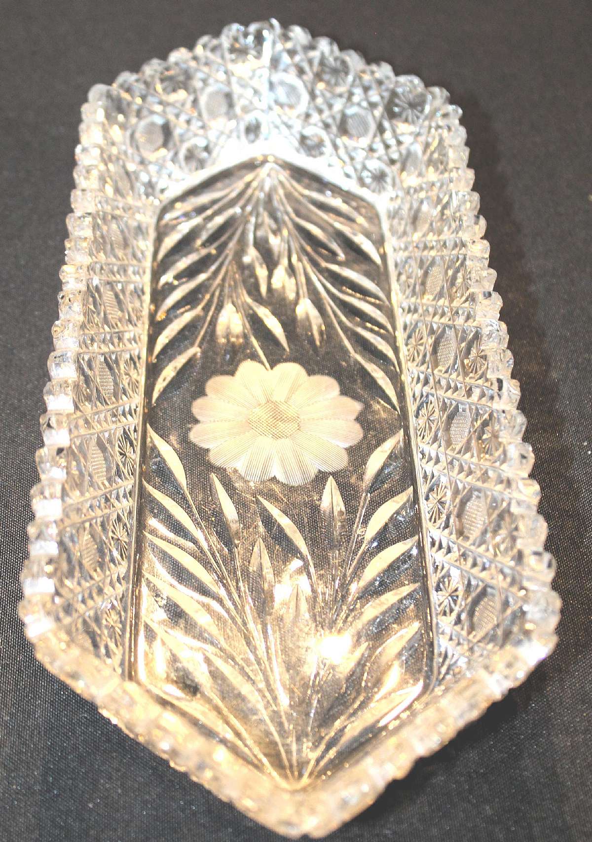 Up for sale is this McKee Innovation 410 Antique Celery Dish. It measures approx. 12 1/2"L by about 5"W. No chips or cracks. Not Perfect. Some Flea bites on sawtooth rim.Shipping Excludes: Alaska/Hawaii, US Protectorates, APO/FPO, PO BoxShippi