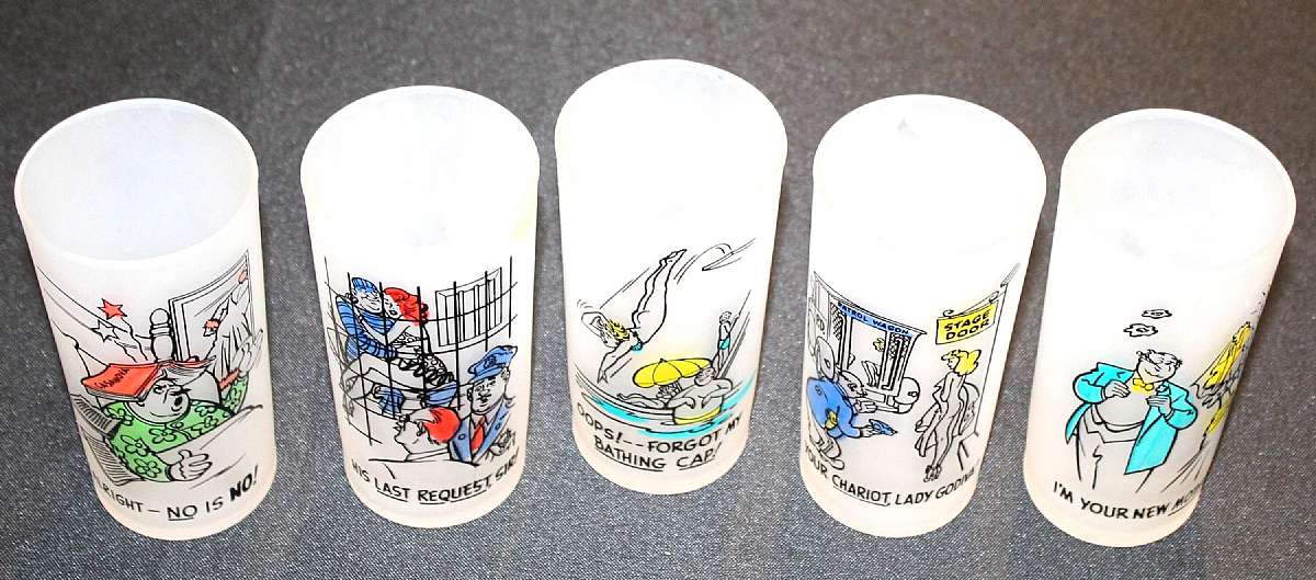 Up for sale are these Vintage Set Of Five Frosted Bar Glasses With Comical Pictures & Writings. They are in great condition with no chips or cracks. They measure approx. 4 3/4 inches tall and 2 3/8 inches wide. The sayings are: Alright - No is No!, OOPS!-