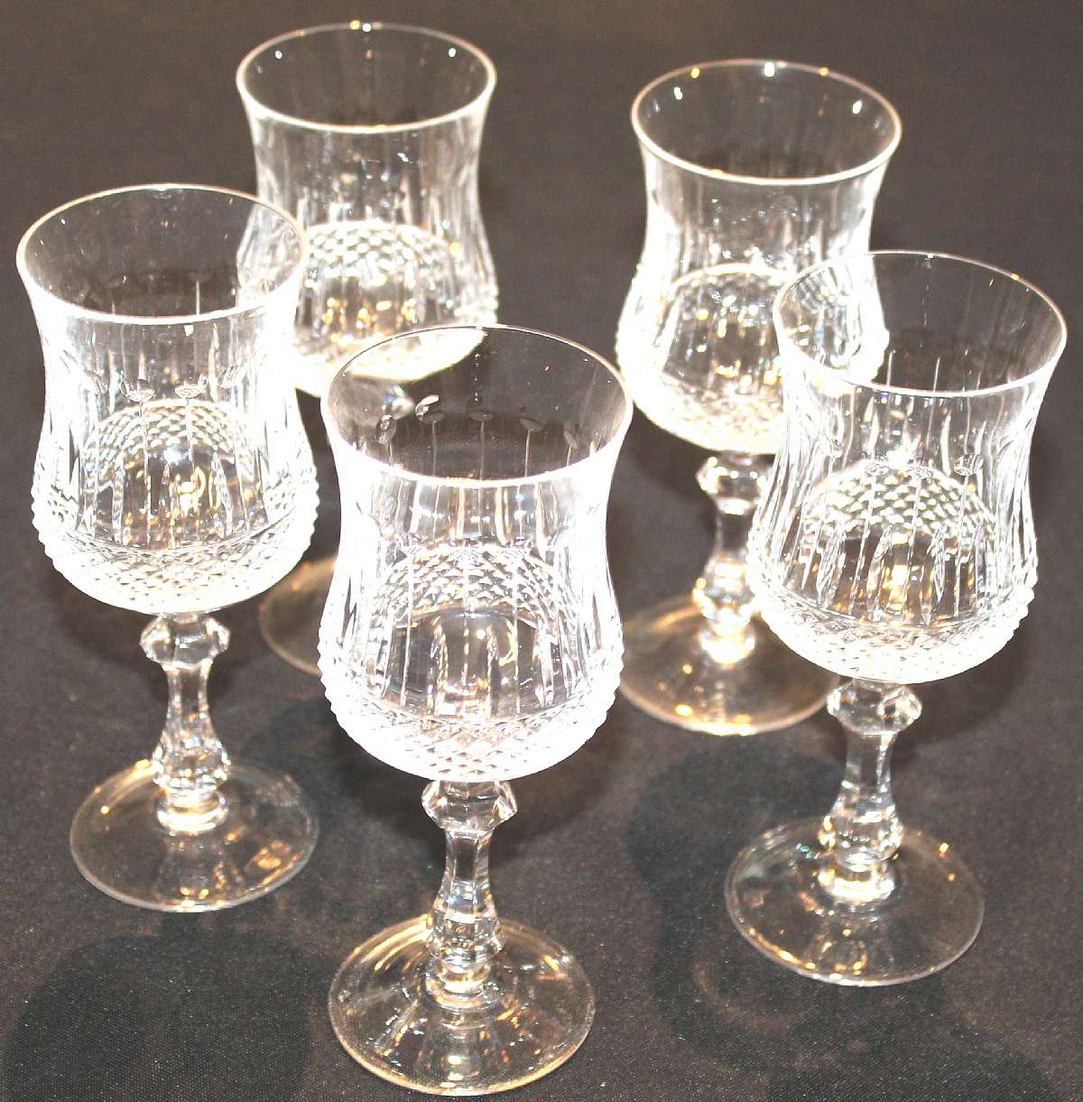 Up for sale are these High End Set Of Five Stemware Pieces in excellent condition with no chips or cracks. They measure approx. 5 7/8"T by 2 1/4"W. Shipping Excludes: Alaska/Hawaii, US Protectorates, APO/FPO, PO BoxShipping Provided to the Uni