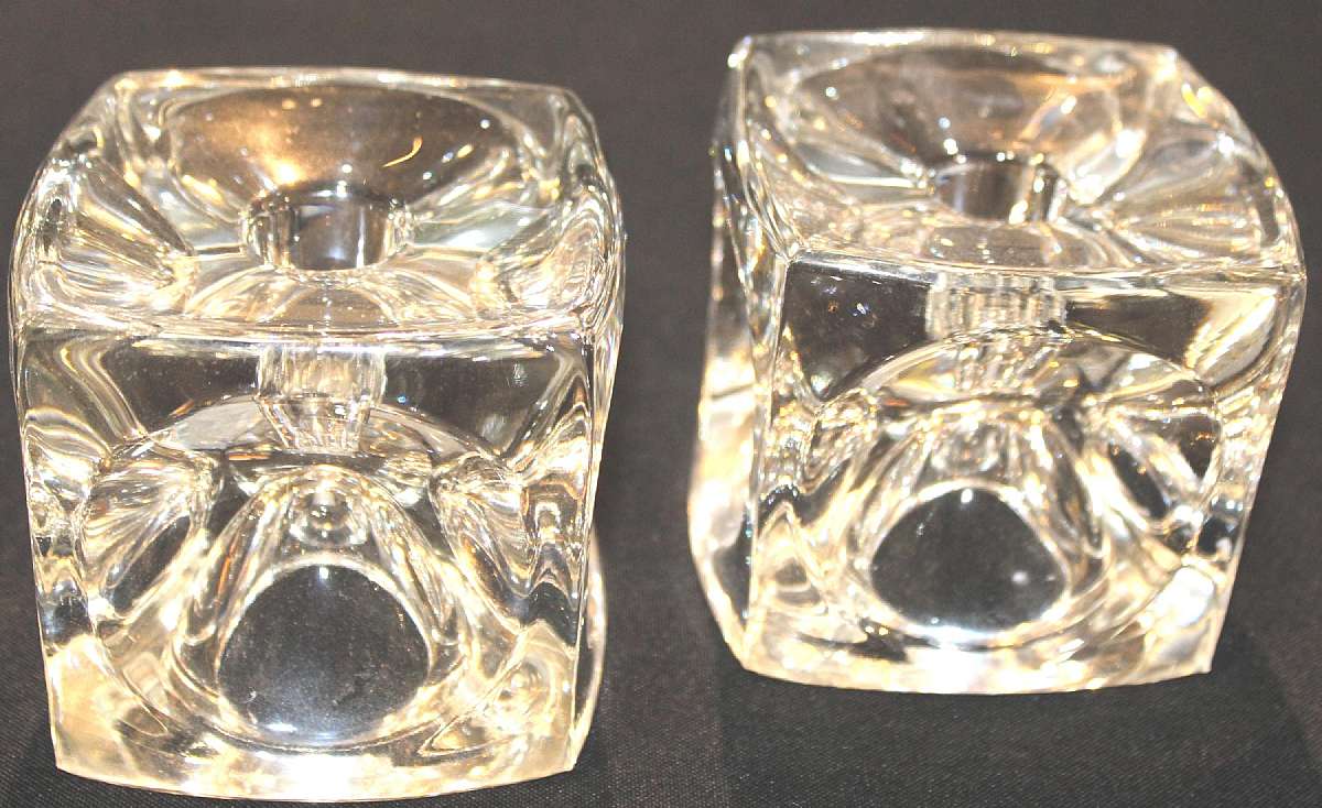 Up for sale are these Beautiful Glass Rudolf Jurnikl Pair Of Vintage Cube Candlestick Holders in excellent condition with no chips or cracks. They measure approx.  3 1/4"T by about 3 3/4" W. Shipping Excludes: Alaska/Hawaii, US Protectorates, A