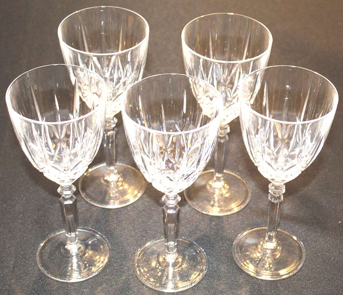 Up for sale are these Oneida Orchestra Set Of Five Crystal Wine Glasses in excellent condition with no chips or cracks. They measure approx. 7 1/4"T by 3 1/8"W.  Shipping Excludes: Alaska/Hawaii, US Protectorates, APO/FPO, PO BoxShipping Provi