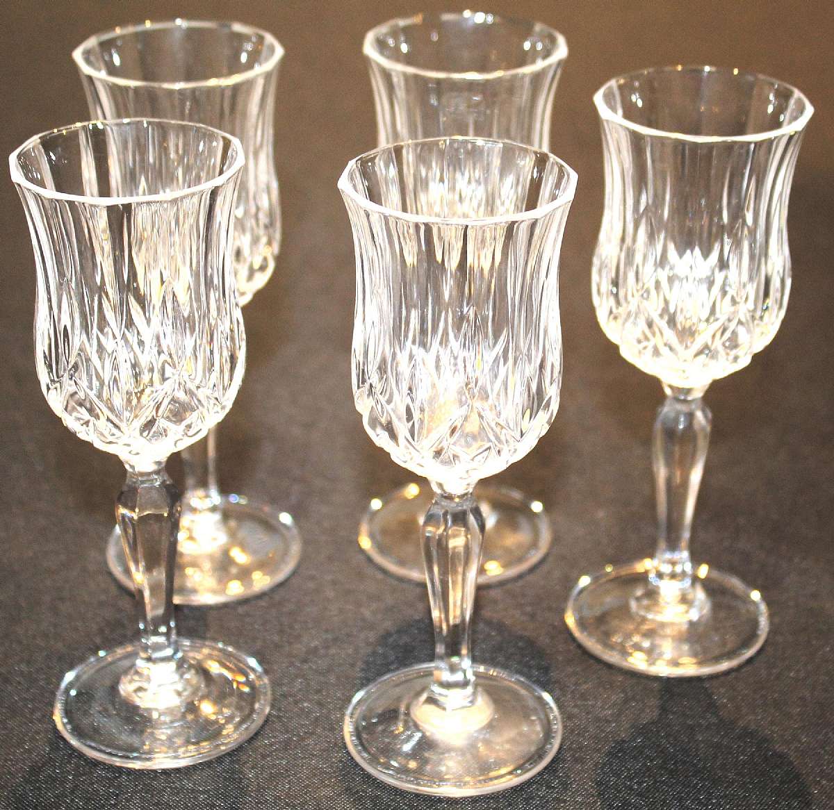 Up for sale are these Royal Crystal Rock Opera Set Of Five Cordial Glasses in excellent condition with no chips or cracks. They measure approx. 5 1/4"T by 1 7/8"W.  Shipping Excludes: Alaska/Hawaii, US Protectorates, APO/FPO, PO BoxShipping Pr
