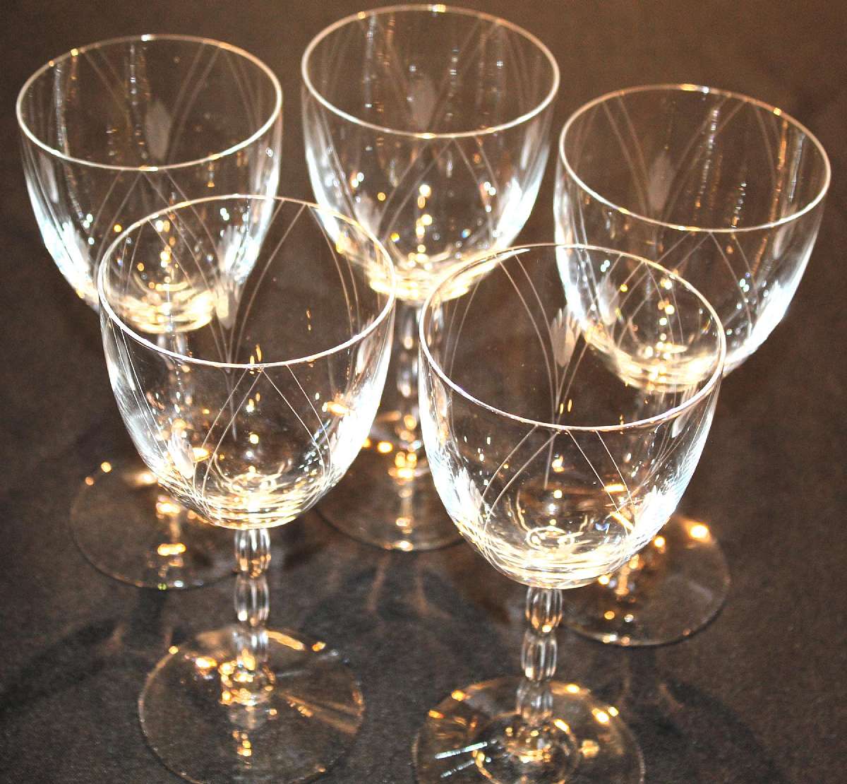 Up for sale are these Fostoria Heraldry Set Of Five Water Goblets in excellent condition with no chips or cracks. They measure approx. 6 7/8"T by 3 1/8"W. Shipping Excludes: Alaska/Hawaii, US Protectorates, APO/FPO, PO BoxShipping Provided to