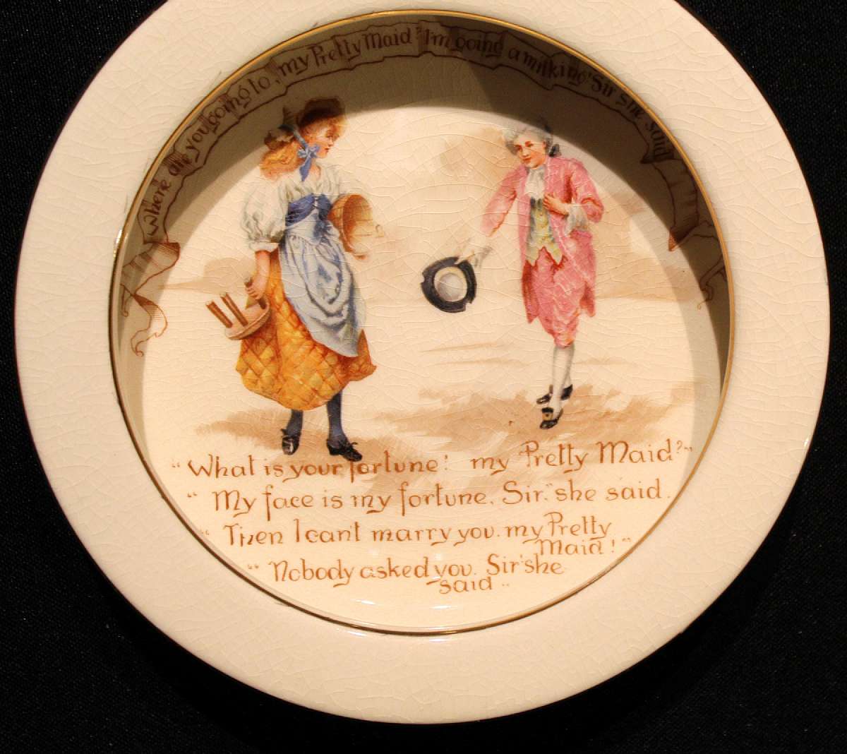 Up for sale is this Royal Doulton Nursery Rhymes Maid A Milking Bowl 1903-39 in good condition with no chips. There is some crazing. Measures approx. 6 1/2"W by 1 1/2"T.Shipping Excludes: Alaska/Hawaii, US Protectorates, APO/FPO, PO BoxShippin