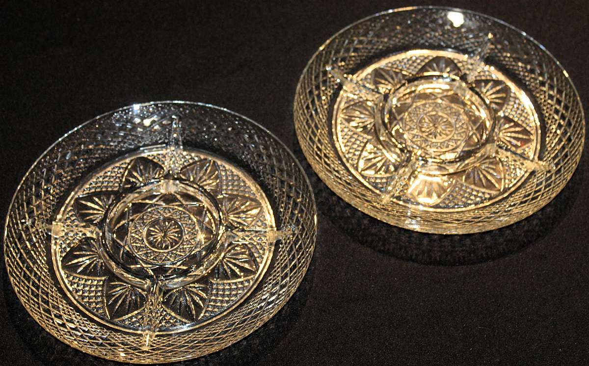Up for sale are these Cristal Dâ€™Arques Durand Antique Clear Set Of Two Five Part Relish Plates in Outstanding excellent condition with no chips or cracks. They measure approx. 10"W.Shipping Excludes: Alaska/Hawaii, US Protectorate