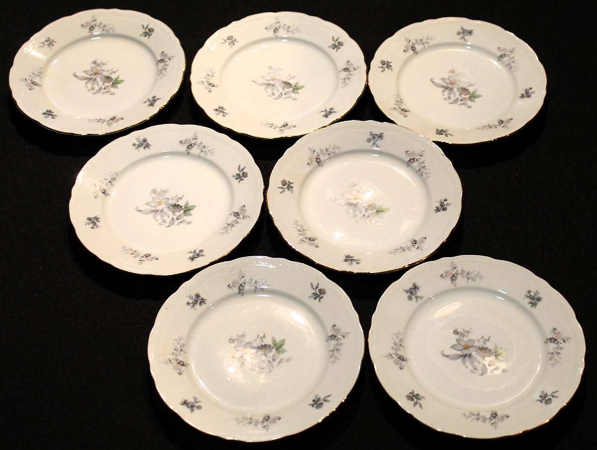 Up for sale are these Bohemia Ceramic Czechoslovakia Fine China Wild Flower Platinum Trim Set Of Seven Bread Plates in excellent condition with no chips or cracks. They measure approx. 6 3/4 inches wide.  Shipping Excludes: Alaska/Hawaii, US Protectorate