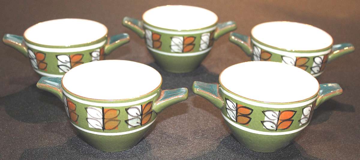 Up for sale are these Ceramano Hot Pot West Germany Set Of Five Two Handled Cups or Bowls. Some glaze imperfections. No chips or cracks. They measure approx. 3 7/8 inches wide & about 2 3/4 inches tall.  Shipping Excludes: Alaska/Hawaii, US Protector