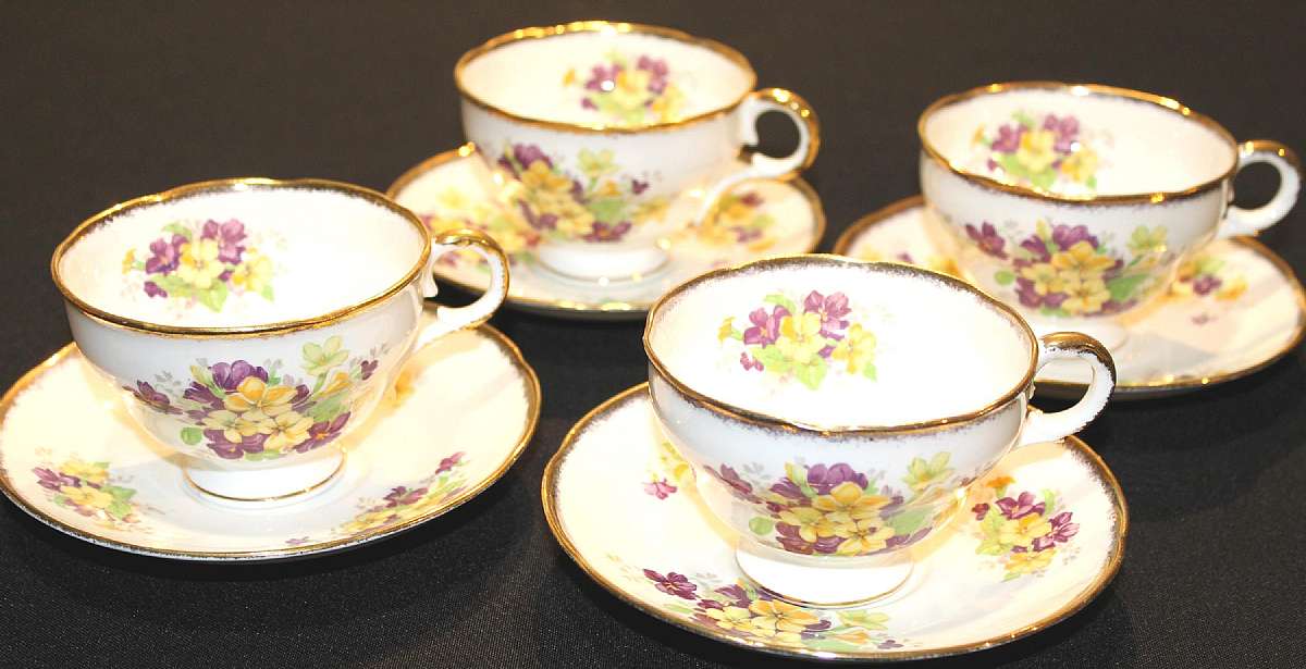 Up for sale are these Adderley England Set Of Four Cup & Saucers Sets in excellent condition with no chips or cracks. The cups measure approx. 2 5/8"T by 3 1/2"W.Shipping Excludes: Alaska/Hawaii, US Protectorates, APO/FPO, PO Box Shipping P