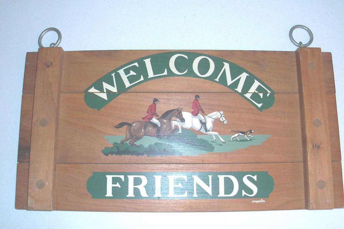 Up for sale is this Langelier Designs Vintage Wood Welcome Friends Sign With Horses great condition. Measures approx. 23 3/4L" by 12W".  Shipping Excludes: Alaska/Hawaii, US Protectorates, APO/FPO, PO BoxShipping Provided to the United States