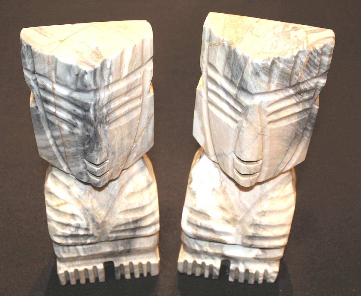 Up for sale are these Carved Marble Aztec Mayan Figure Sculpture Totem Bookends in great condition. Three minor knicks on the corners. They measure approx. 7 3/4"T by 3 3/4"W and weigh over 7 pounds each.Shipping Excludes: Alaska/Hawaii, US Pro