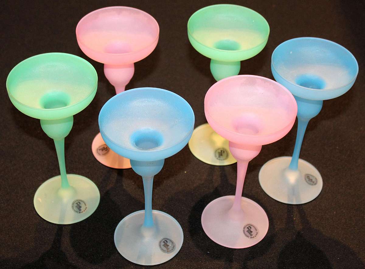 Up for sale are these Designer Della Bomboniera Italy Six Colorful Satin Candle Holders in excellent condition with no chips or cracks. They measure approx.  7"T by about 3 1/2" W at the top. Shipping Excludes: Alaska/Hawaii, US Protectorates,