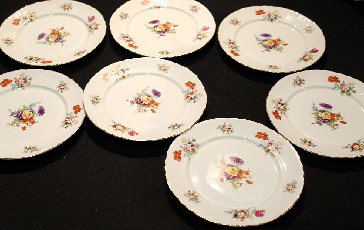 Up for sale are these Rare Colonial Silver COS2 USA Fine Translucent China Set of 7 Dinner Plates in excellent condition with no chips or cracks. They measure approx. 10"W.  Shipping Excludes: Alaska/Hawaii, US Protectorates, APO/FPO, PO BoxShippin