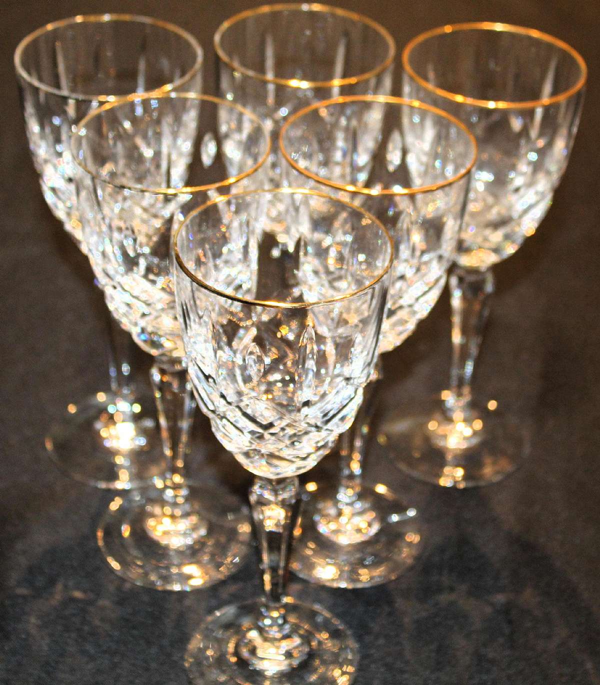Up for sale are these Marked Waterford Chelsea Gold Trim Set Of Six Wine Glasses in excellent condition with no chips or cracks. They measure approx. 7 3/4"T by 2 7/8"W. Shipping Excludes: Alaska/Hawaii, US Protectorates, APO/FPO, PO BoxShippi