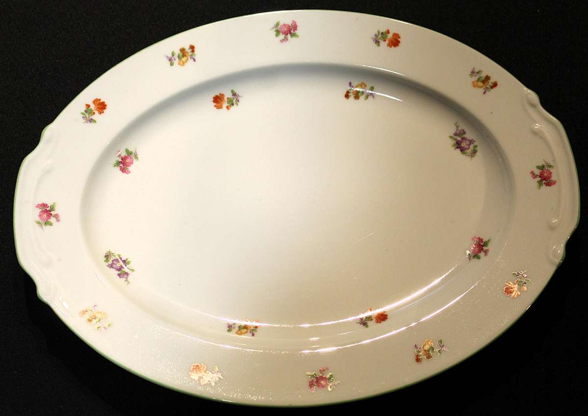 Up for sale is this Rose China Japan Small Flowers & Green Trim Pattern RO8 Large Platter in excellent condition with no chips or cracks. It Measures approx. 16 1/2"L by 12 1/4"W. Please see my other sales for more of this beautiful pattern.