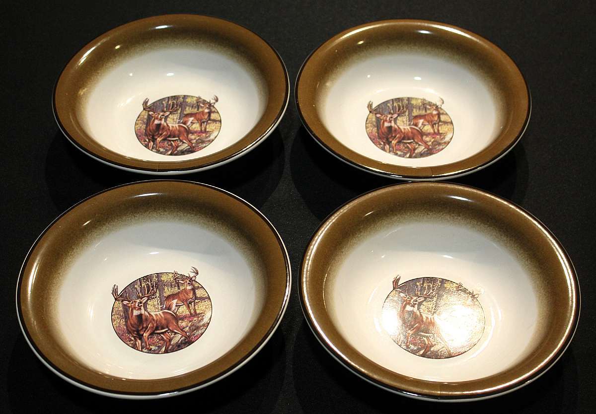 Up for sale are these Rare Great Ideas LLC Buck Wear Deer Set Of Four Rimmed Soup Bowls in good condition with no chips. The Bowls measure approx. 8 1/2"W and have minor wear. Many pictures provided for your viewing pleasure.  Shipping Excludes: Ala