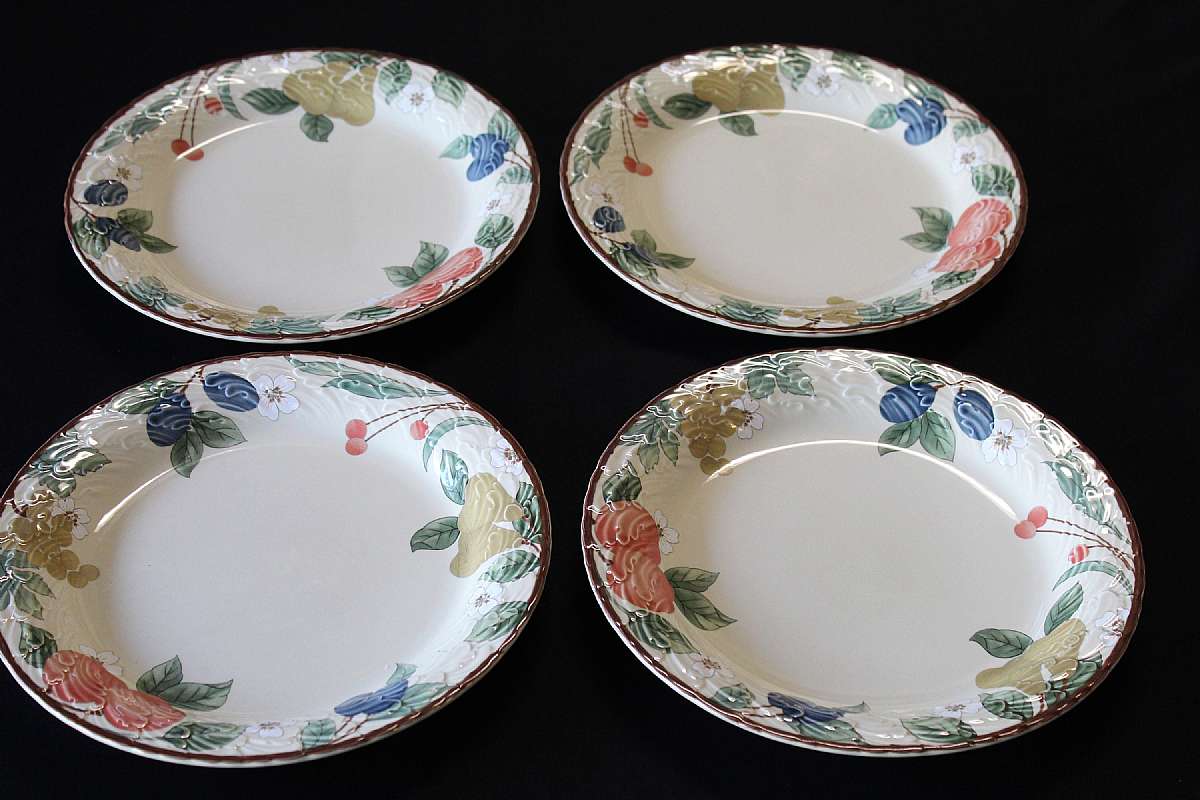 Up for sale are these Mikasa Fruits Collage Set Of Four Dinner Plates in great condition with no chips or cracks. They measure approx. 11"W.   Shipping Excludes: Alaska/Hawaii, US Protectorates, APO/FPO, PO BoxShipping Provided to the United State