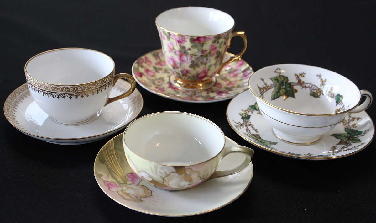 Up for sale are these Vintage Set Of Four Different Cup & Saucer Sets in great condition with no chips or cracks.  There is some gold wear. See Supersized pictures for marks.Shipping Excludes: Alaska/Hawaii, US Protectorates, APO/FPO, PO BoxShippin