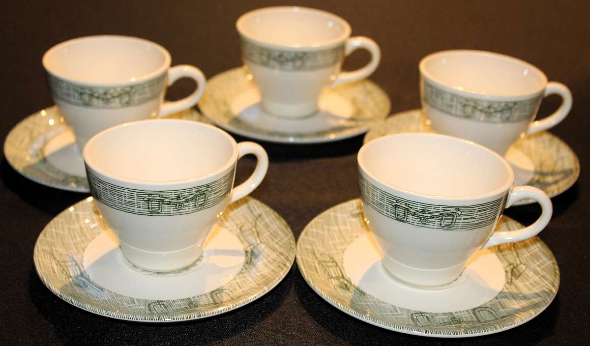 Up for sale are these SCIO  Currier & Ives Design 5 Green Cup and Saucer Sets in great condition with no chips or cracks or crazing.Shipping Excludes: Alaska/Hawaii, US Protectorates, APO/FPO, PO BoxShipping Provided to the United States Only