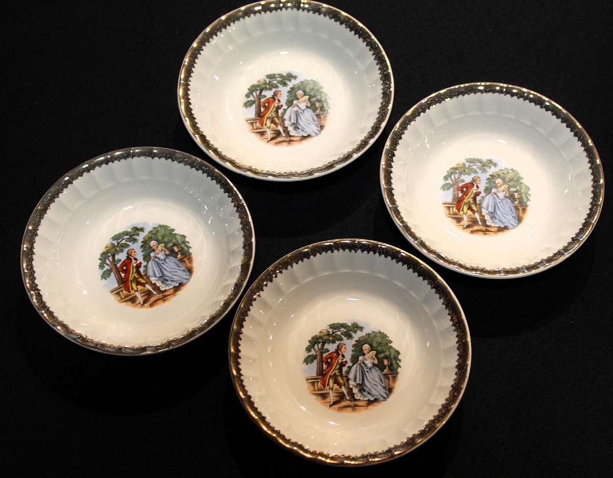 Up for sale are these Prim Rose China Loving Couple set of Four Bowls with Gold Trim in excellent condition with no chips or cracks or crazing. The bowls measure approx. 5 7/8"W.  Please see my other sales for more of this rare pattern. Shipping Ex