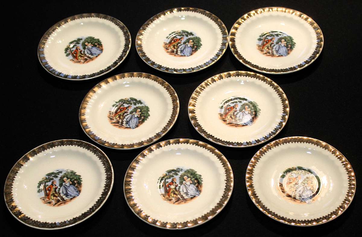 Up for sale are these Prim Rose China Loving Couple set of 8 Saucers With Gold Trim in excellent condition with no chips or cracks or crazing. They measure approx. 5 3/4"W. Please see my other sales for more of this rare pattern. Shipping Excludes: