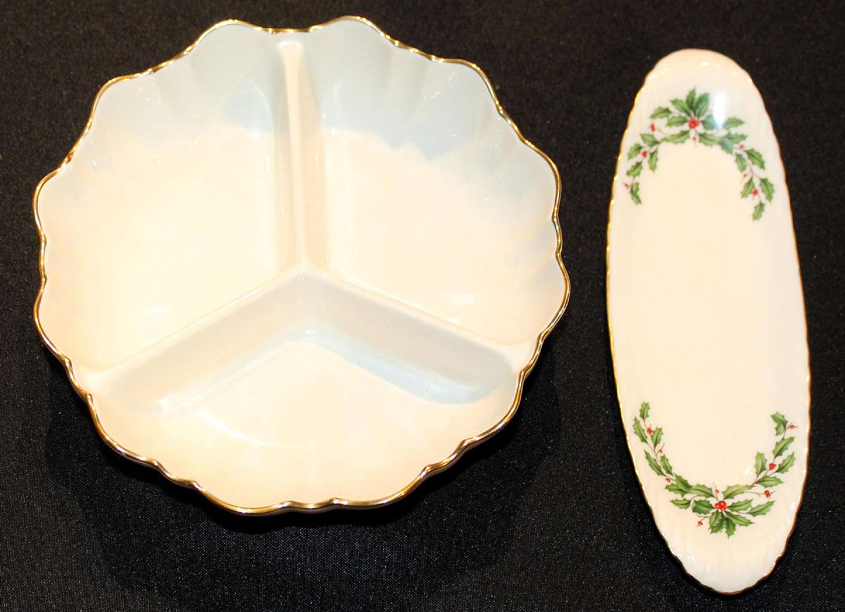 Up for sale are these Lenox Holiday Dimension Relish & Three Part Relish in excellent condition with no chips or cracks. The three part relish measures approx. 7 7/8"W by 2"D and the relish measures approx. 9 1/8"L.Shipping Excludes: A