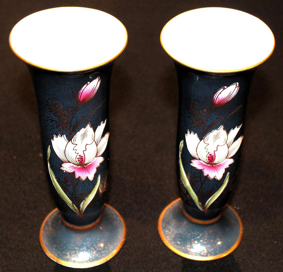 Up for sale are these KPM Germany Handarbeit Royal Porzellan Bavaria Pair Of Matching Vases in excellent condition with no chips or cracks. They measure approx. 8 7/8"T by 3 1/4"W.  Shipping Excludes: Alaska/Hawaii, US Protectorates, APO/FPO, P