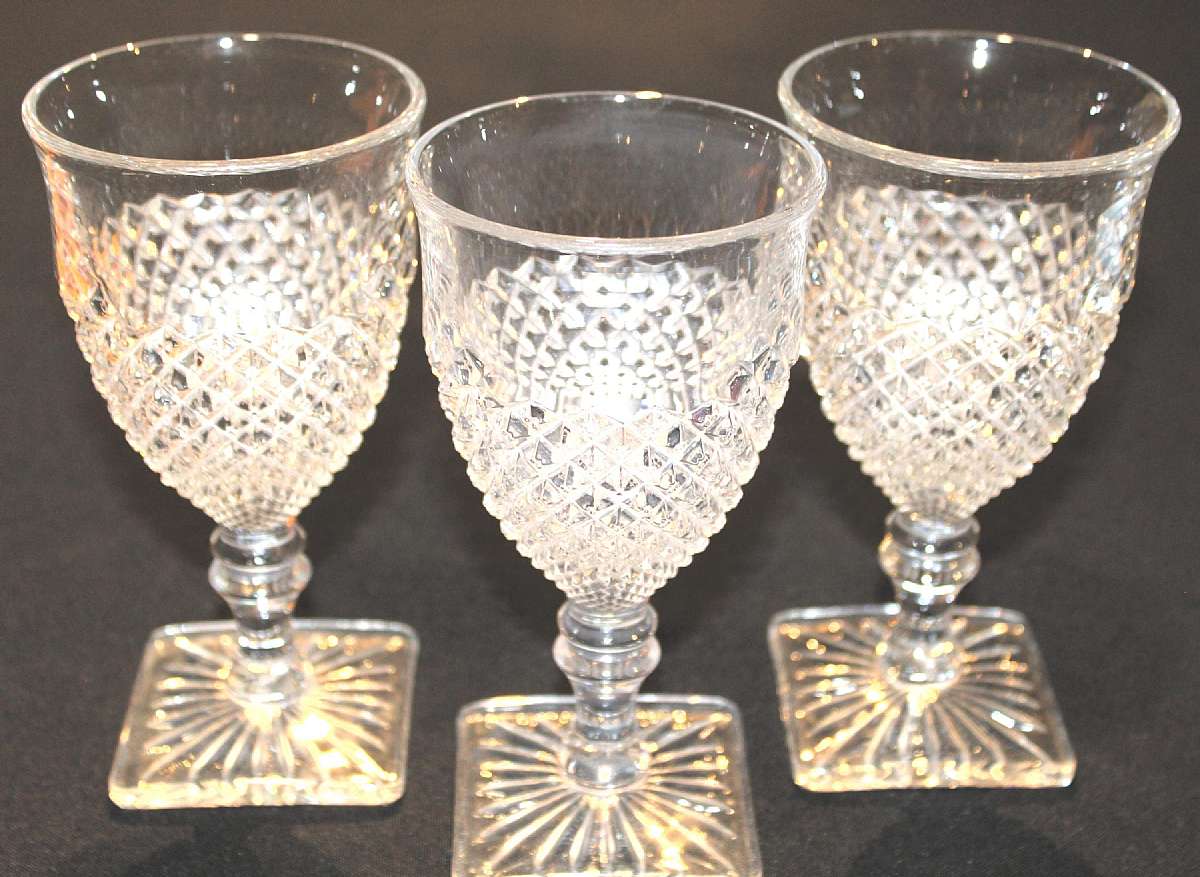 Up for sale are these Westmoreland English Hobnail Clear Set Of Three Water Glasses in excellent condition with no chips or cracks. They measure approx. 6 1/4"T by 3 1/8"W.Shipping Excludes: Alaska/Hawaii, US Protectorates, APO/FPO, PO BoxShip