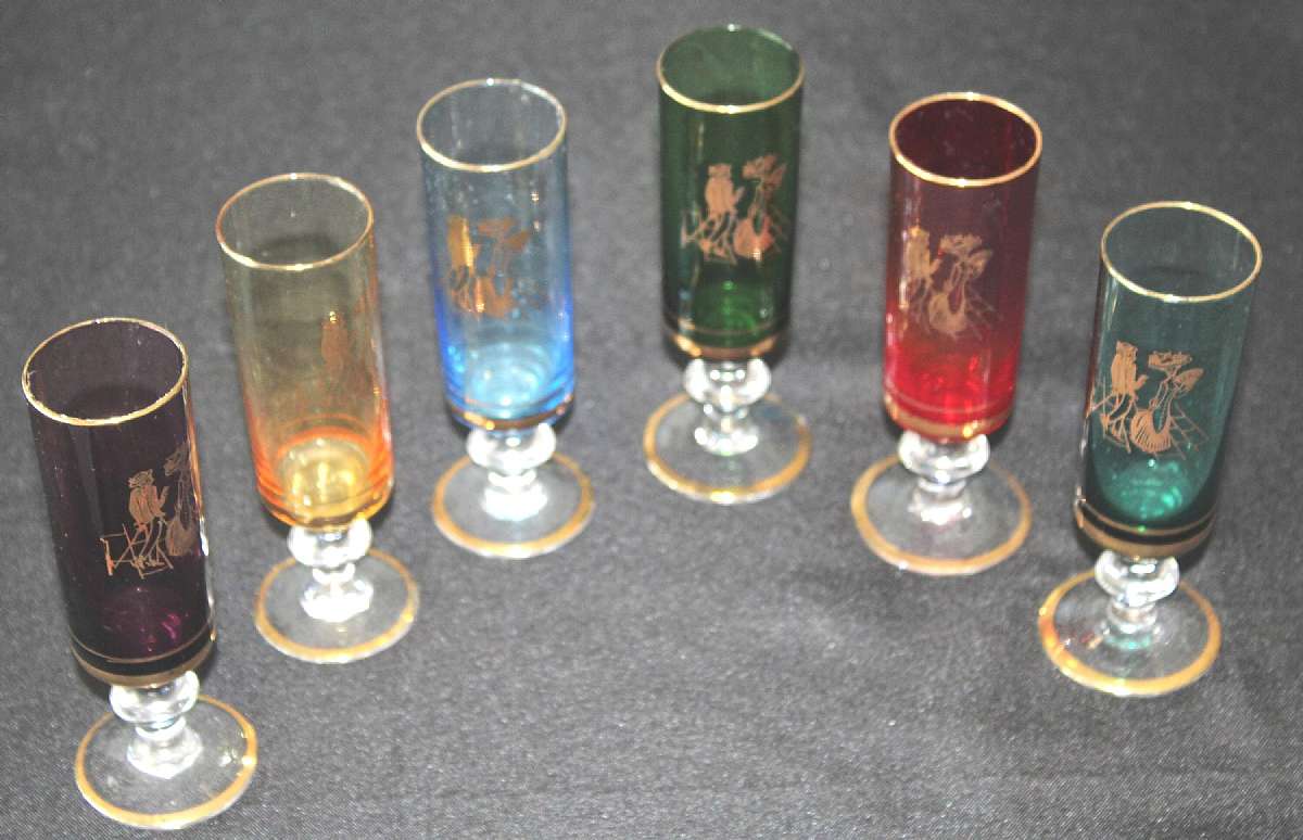 Up for sale are these Courting Scene Vintage Set Of Six Glasses. They measure approx. 5 3/8"T by 1 1/2"W.  There are no chips or cracks. There is some gold wear. Shipping Excludes: Alaska/Hawaii, US Protectorates, APO/FPO, PO BoxShipping Provi