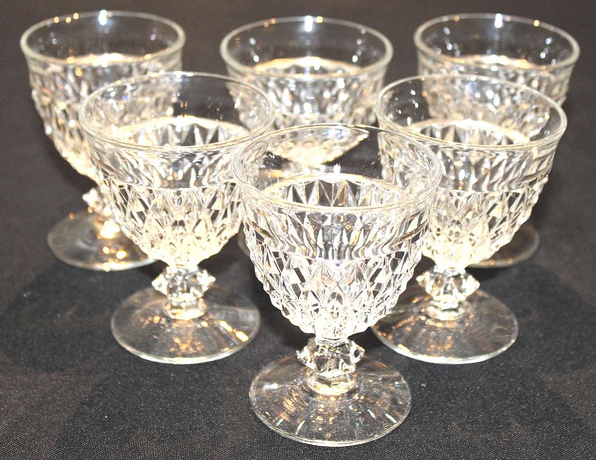 Up for sale are these Duncan & Miller Diamond Set Of Six Cordial Glasses in great condition with no chips or cracks. They measure approx. 3 7/8 inches tall by 2 3/4"W.Shipping Excludes: Alaska/Hawaii, US Protectorates, APO/FPO, PO BoxShipping P