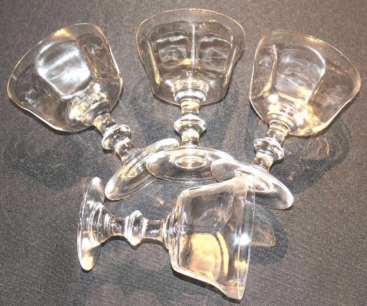 Up for sale are these Bryce Antique Clear Set Of Four Champagne Glasses in great condition with no chips or cracks. The glasses are approx. 5"T by 3 7/8"W.Shipping Excludes: Alaska/Hawaii, US Protectorates, APO/FPO, PO BoxShipping Provided to