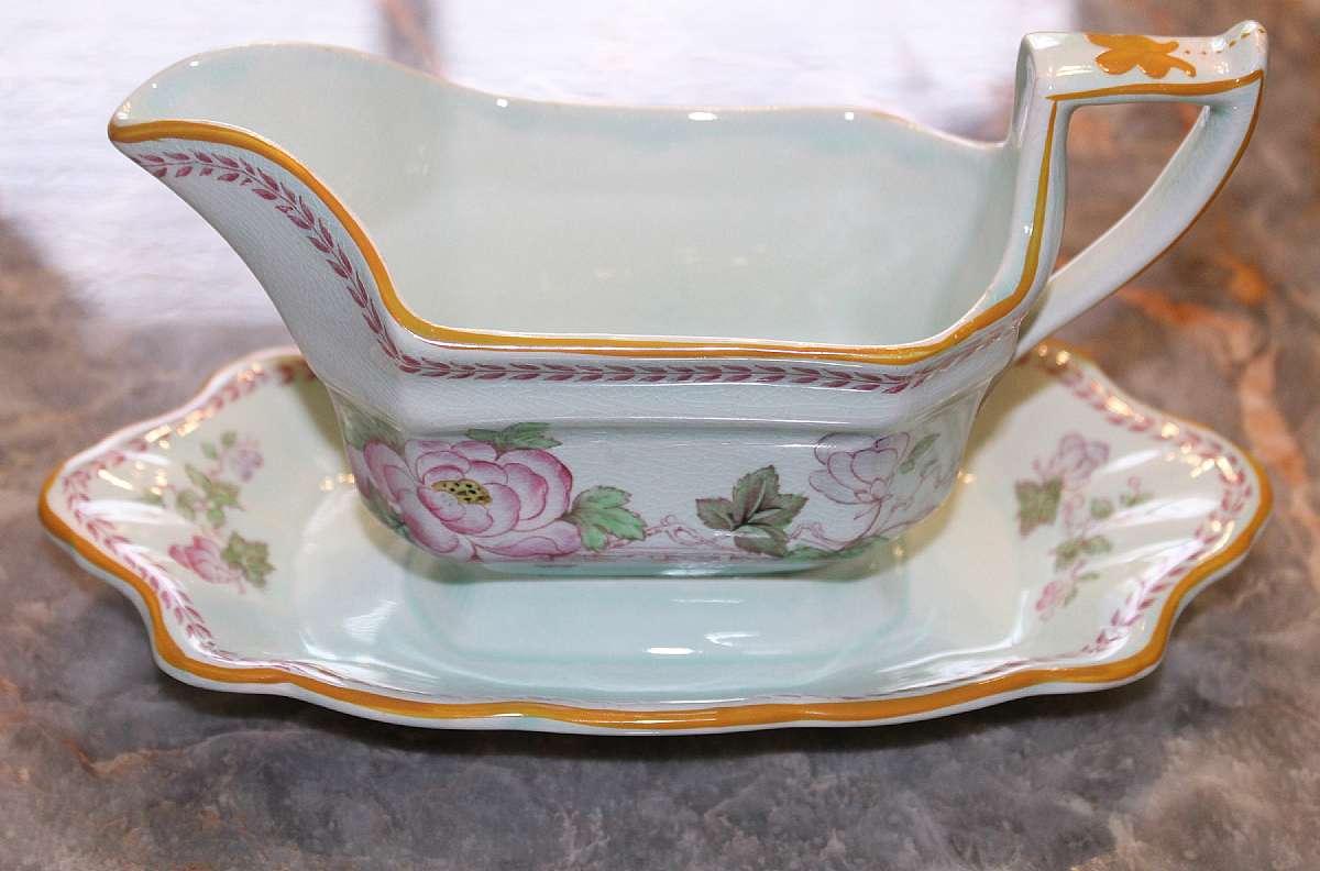 Up for sale is this Adams Calyx Ware Gravy Boat With Attached Under Plate. No Chips. There is crazing. It measures approx. 9".  Shipping Excludes: Alaska/Hawaii, US Protectorates, APO/FPO, PO BoxShipping Provided to the United States Only.