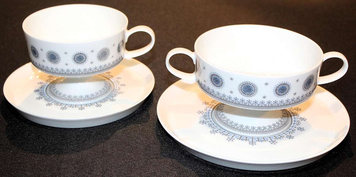 Up for sale are these Rosenthal Ice Blossom Footed Cream Soup Bowl & Saucer Set And A Footed Cup And Saucer In excellent condition with no chips or cracks.  Shipping Excludes: Alaska/Hawaii, US Protectorates, APO/FPO, PO BoxShipping Provided to the