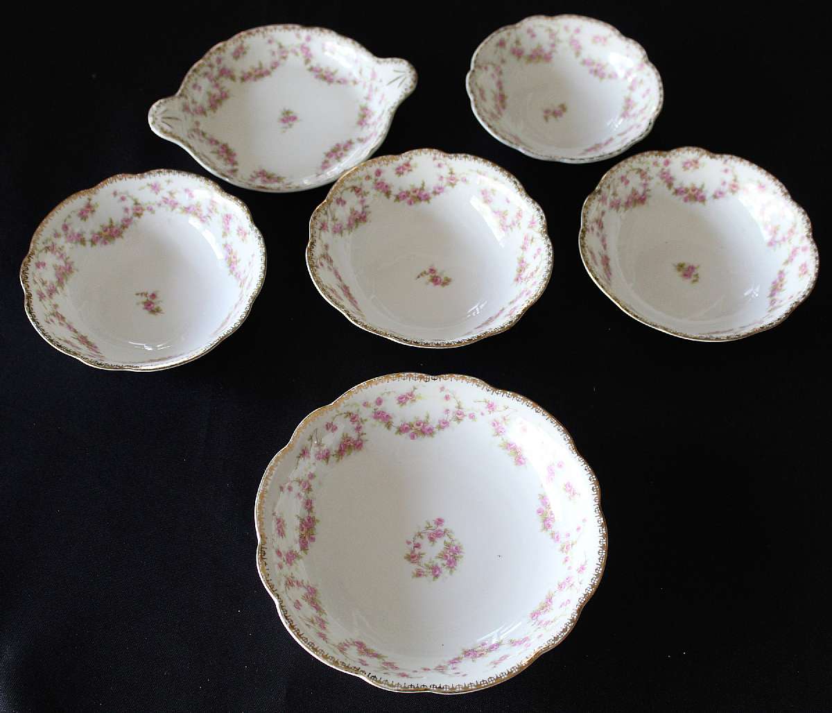 Up for sale are these Altrohlou Bridal Rose Set Of Six Bowls in great condition with no chips or cracks and little wear on the design. Included is one tab handled bowl that measures approx. 5 7/8"W by 3/4"D, one 7 5/8"W Bowl, Three 6"W