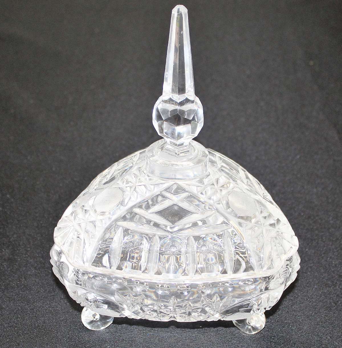 Up for sale is this Fantastic Vintage Crystal Quality Glass Candy Dish Lidded Cross Hatch in Great condition with no chips or cracks. Measures approx. 9 3/4" T by 6 1/2"W.  Nice quality piece.Shipping Excludes: Alaska/Hawaii, US Protectorates,