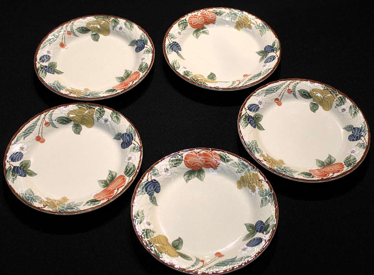 Up for sale are these Mikasa Fruits Collage Set Of Five Salad Plates in great condition with no chips or cracks. They measure approx. 8 1/4"W.  Shipping Excludes: Alaska/Hawaii, US Protectorates, APO/FPO, PO BoxShipping Provided to the United State