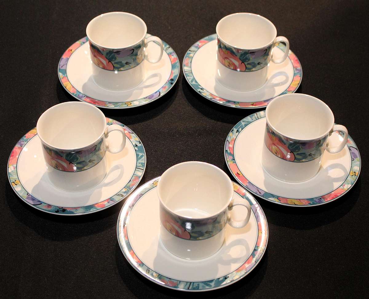 Up for sale are these Mikasa Love Bloom Set Of Five Cup & Saucer Sets in great condition with no chips or cracks. The cups measure approx. 3 "T and the saucers about 6 1/2"W.  Shipping Excludes: Alaska/Hawaii, US Protectorates, APO/FPO, PO