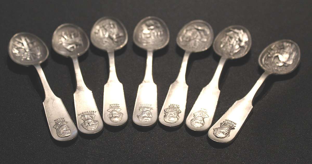 Up for sale are these Pewter Spoons Collectors Set Of Seven Presidential & Other Famous People Pewter Spoons. They measure approx 6 1/2 inches long. Included are Patrick Henry, Samuel Adams, Francis Marion, Nathan Hale, Ethan Allen, Nathanael Greene and T