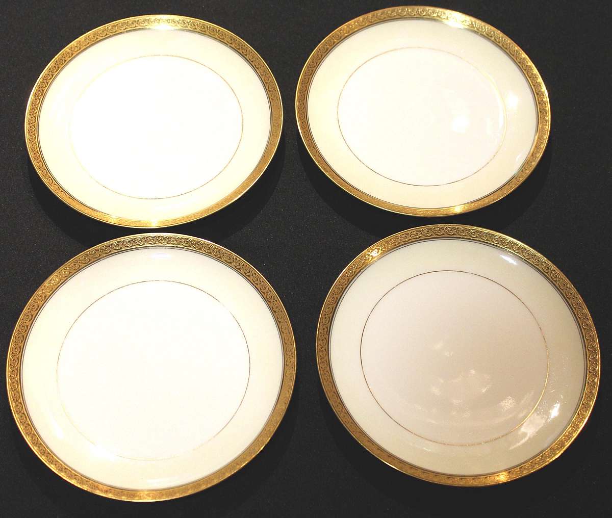 Up for sale are these Haviland France Limoges Chevalier Set Of Four Salad Plates. They measure approx. 7 5/8"W. No chips or cracks. Some minor gold wear.Shipping Excludes: Alaska/Hawaii, US Protectorates, APO/FPO, PO BoxShipping Provided to the Uni