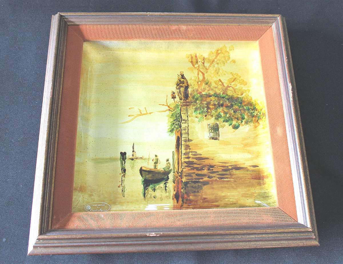Up for sale is this Count Agazzi Hand Reverse Painted Framed Signed Picture. Signed in the right hand corner in the glass. Sticker in the left hand corner that reads hand painted by Count Agazzi. The piece measures approx. 15 1/2" by 15 1/2".   Count Ange