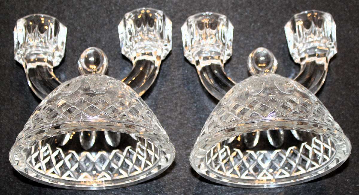 Up for sale are these Pair Of Imperial Glass Tradition Clear Double Candle Stick Holders in excellent condition with no chips or cracks. They measure approx.  4 1/2"T by about 4 1/2" W. Shipping Excludes: Alaska/Hawaii, US Protectorates, APO/FP